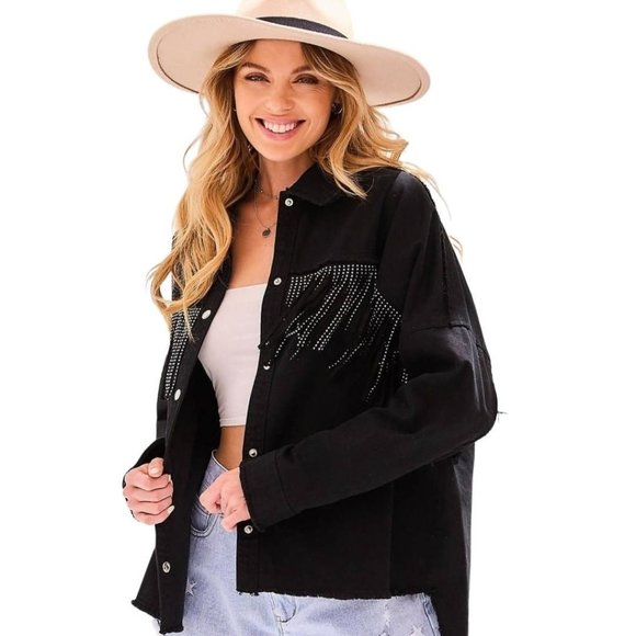 Main Strip Stud Fringe Raw Hem Oversized Black Denim Jacket Shacket CJ60713 - Picture 10 of 16